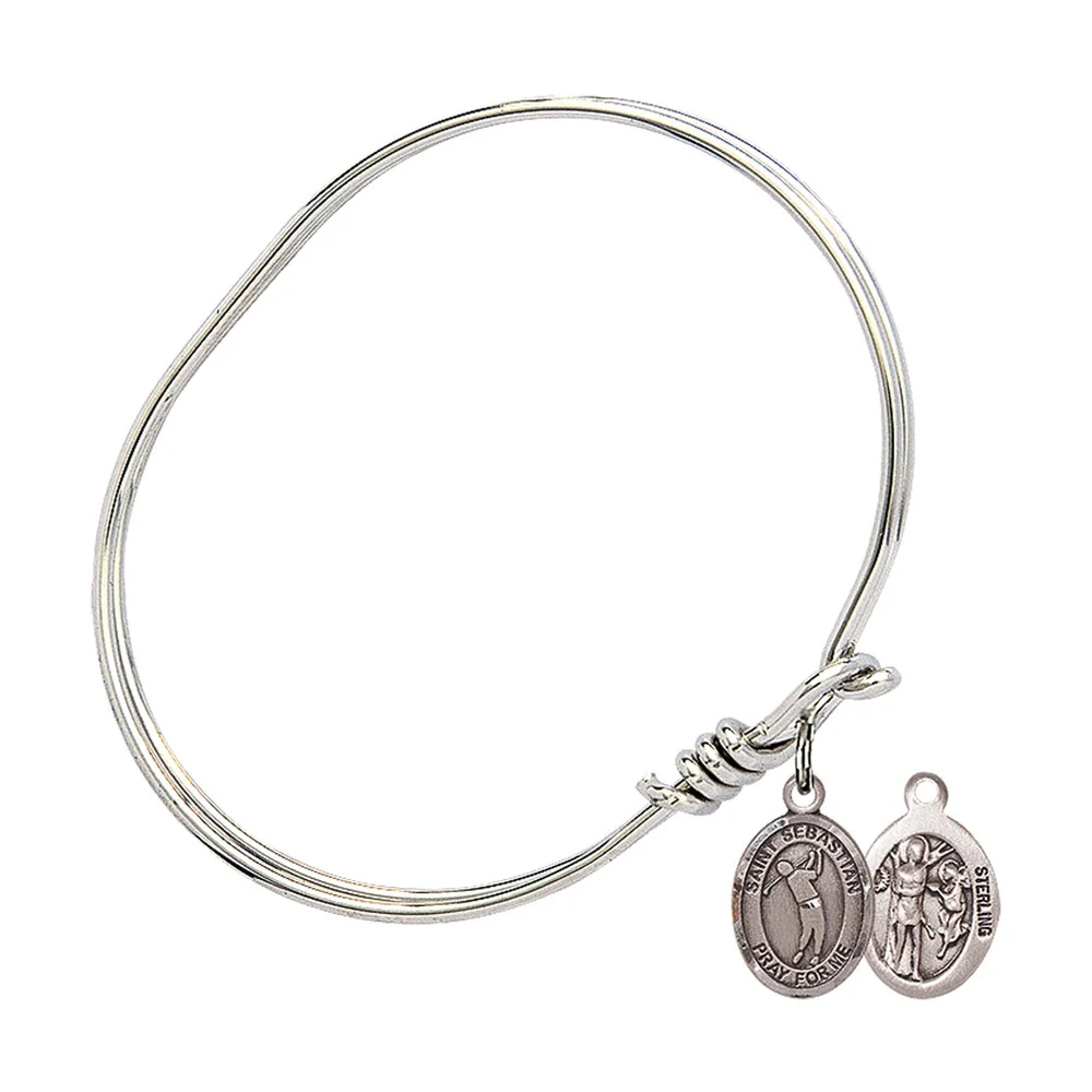 Youth 5 3/4" Rhodium Plated Bangle Bracelet with St. Sebastian/Golf Medal Charm - Image 2
