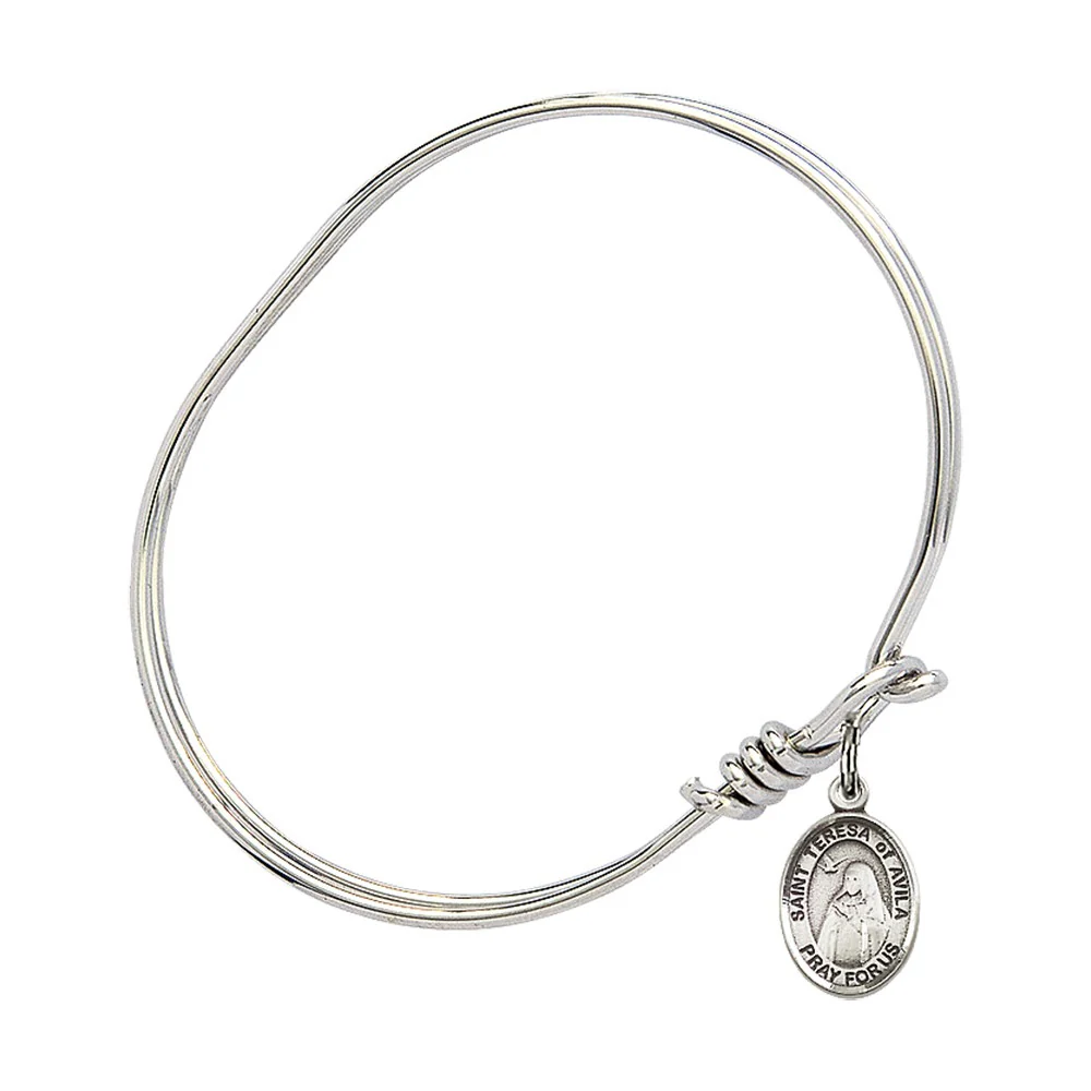 Youth 5 3/4" Rhodium Plated Bangle Bracelet with St. Teresa of Avila Medal Charm - Image 3