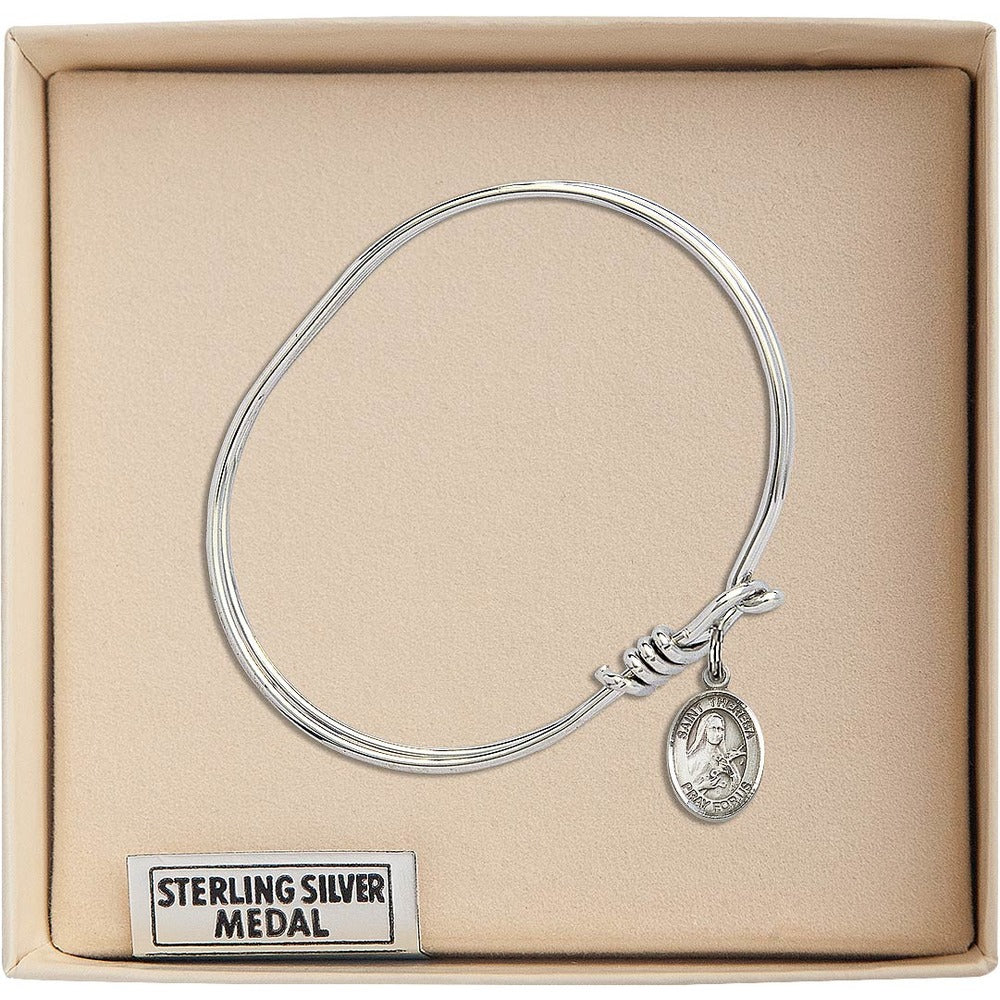 Youth 5 3/4" Rhodium Plated Bangle Bracelet with St. Theresa Medal Charm - Image 2