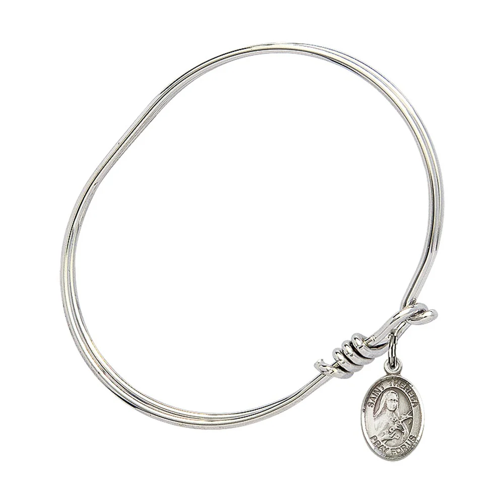Youth 5 3/4" Rhodium Plated Bangle Bracelet with St. Theresa Medal Charm - Image 3
