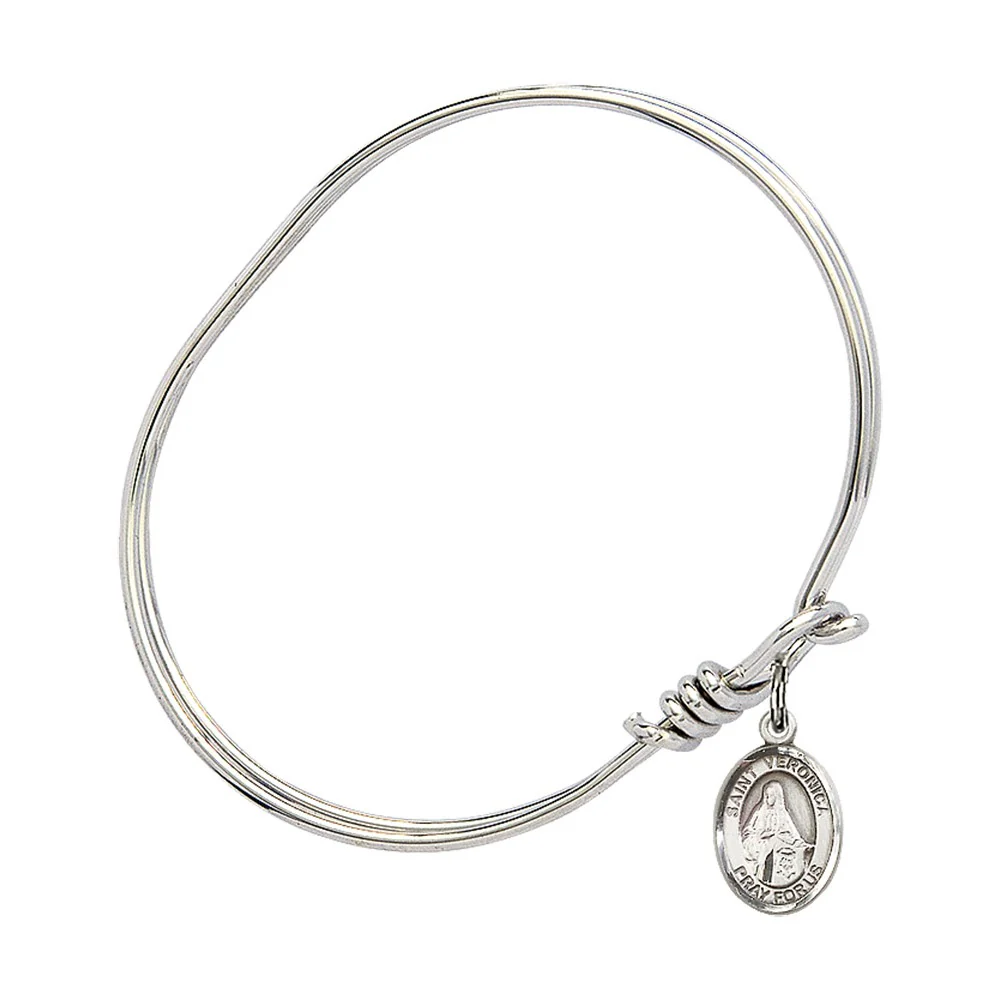 Youth 5 3/4" Rhodium Plated Bangle Bracelet with St. Veronica Medal Charm - Image 2