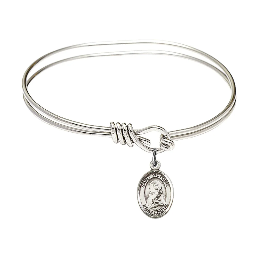 Youth 5 3/4" Rhodium Plated Bangle Bracelet with St. Victoria Medal Charm
