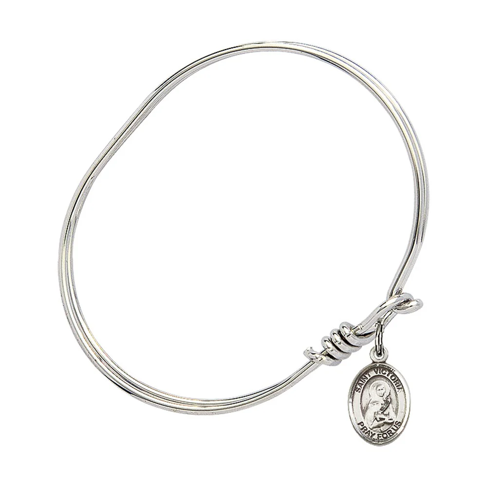 Youth 5 3/4" Rhodium Plated Bangle Bracelet with St. Victoria Medal Charm - Image 2
