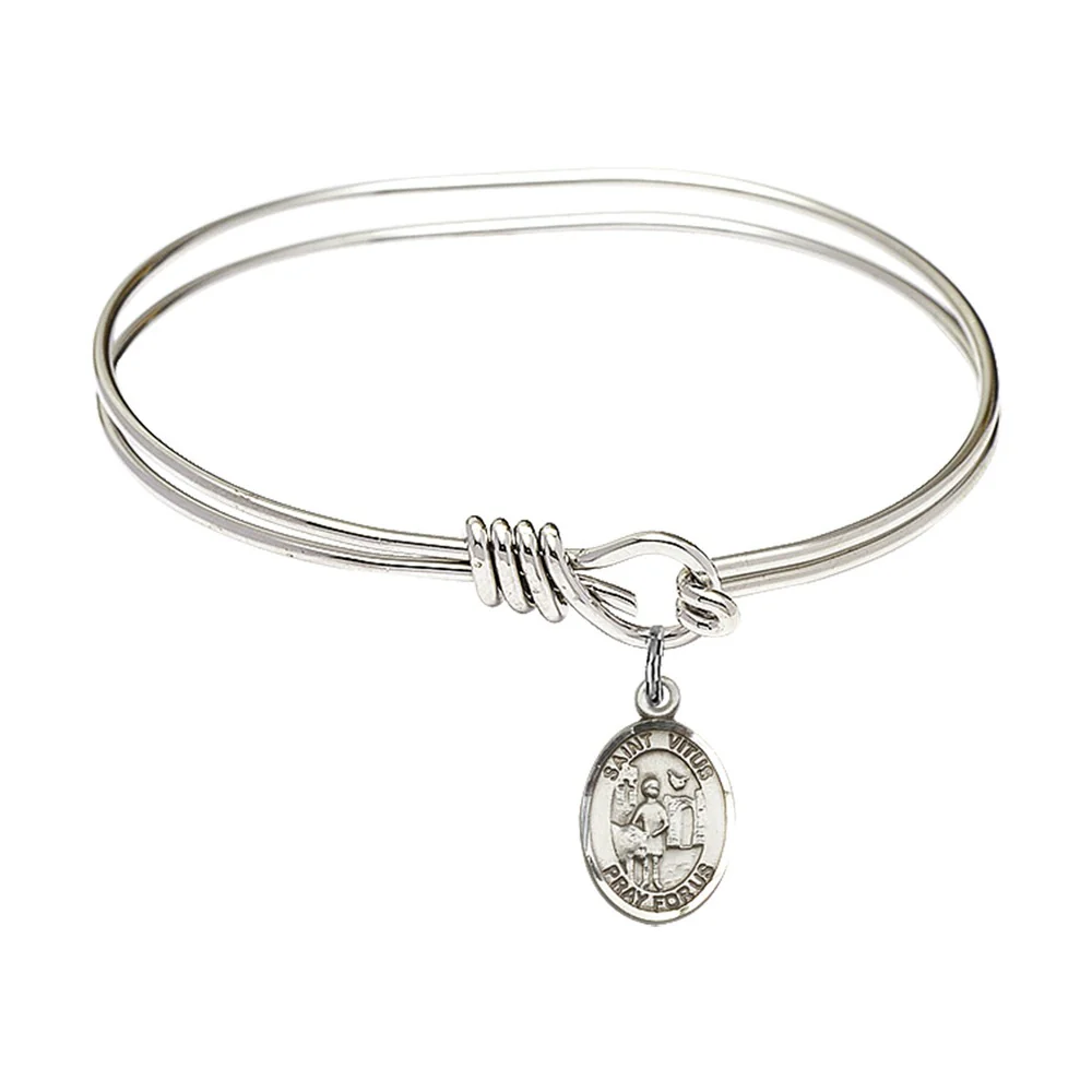 Youth 5 3/4" Rhodium Plated Bangle Bracelet with St. Vitus Medal Charm