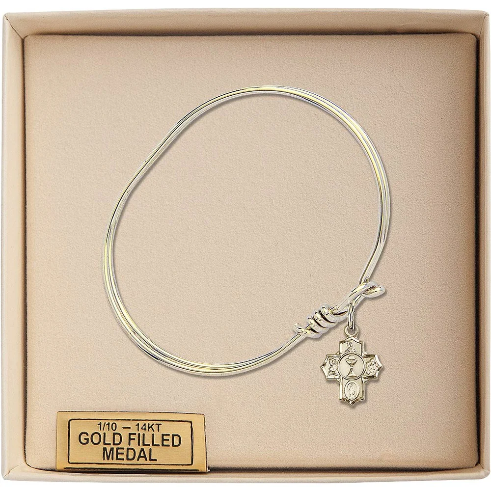 Youth Girl 5 3/4" Gold Plated Bangle Bracelet with First Communion 5-Way Medal Charm