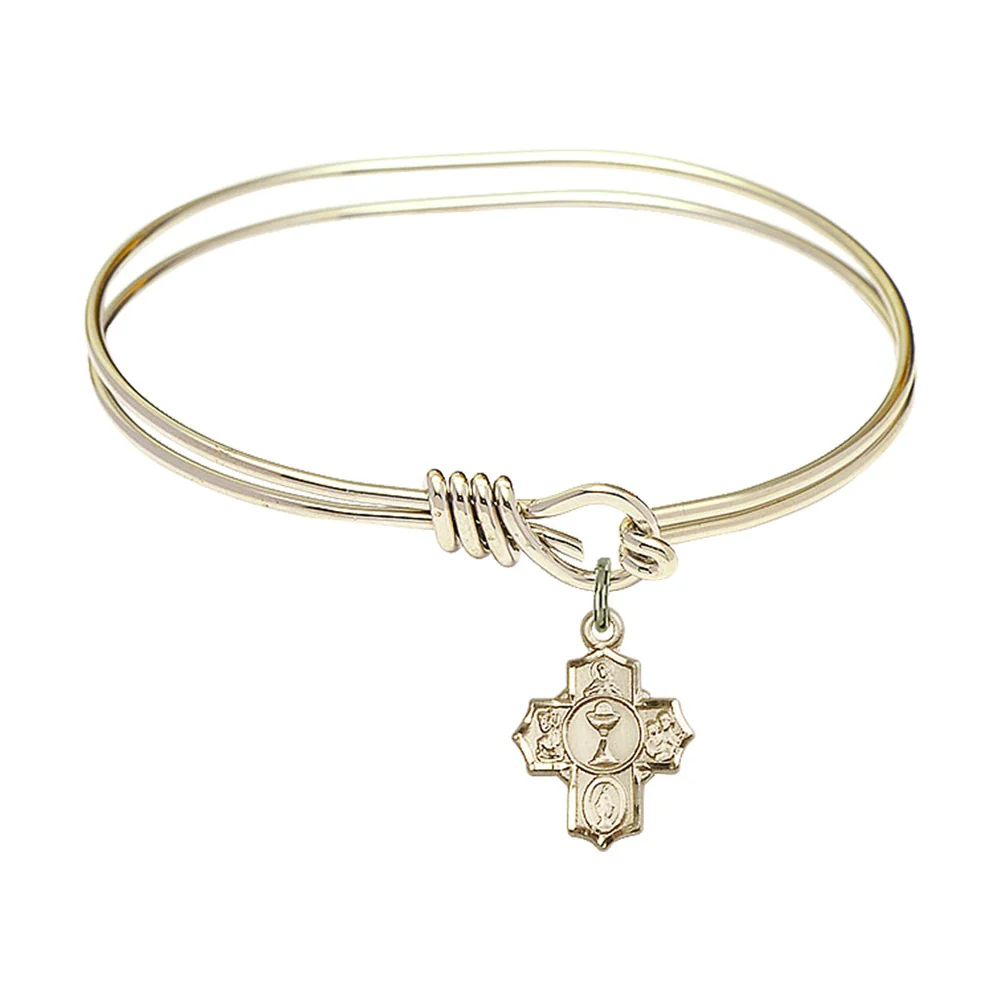 Youth Girl 5 3/4" Gold Plated Bangle Bracelet with First Communion 5-Way Medal Charm - Image 2