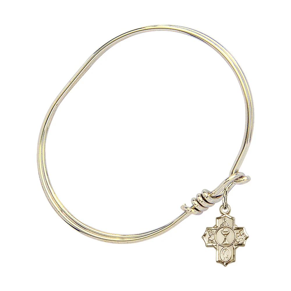 Youth Girl 5 3/4" Gold Plated Bangle Bracelet with First Communion 5-Way Medal Charm - Image 3